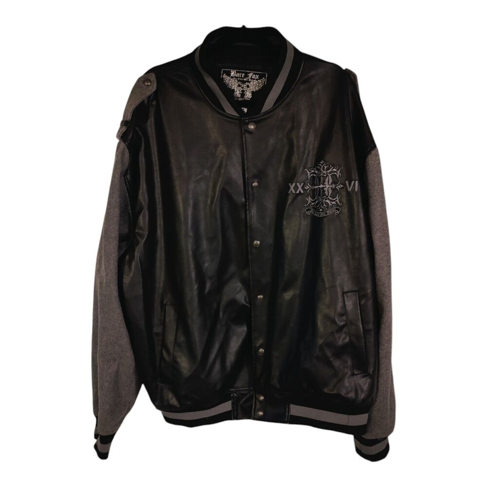 Bare Fox Jacket Men's Extra Large Black Gray Fleece Sleeves Varsity Snap Up 4XL